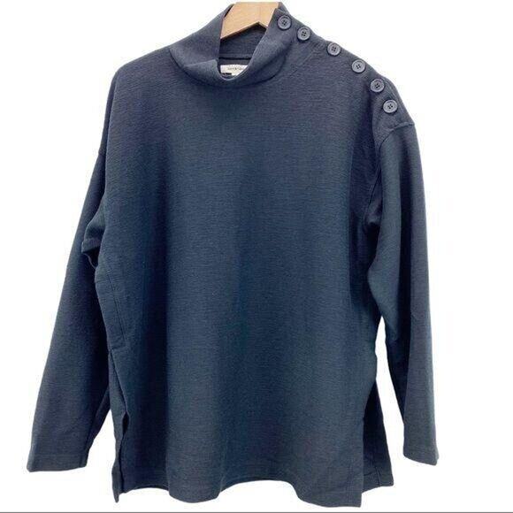 Max Studio Womens Top L‎ Black Mock Neck Button Sleeve Minimalist Quiet Luxury - Picture 2 of 12